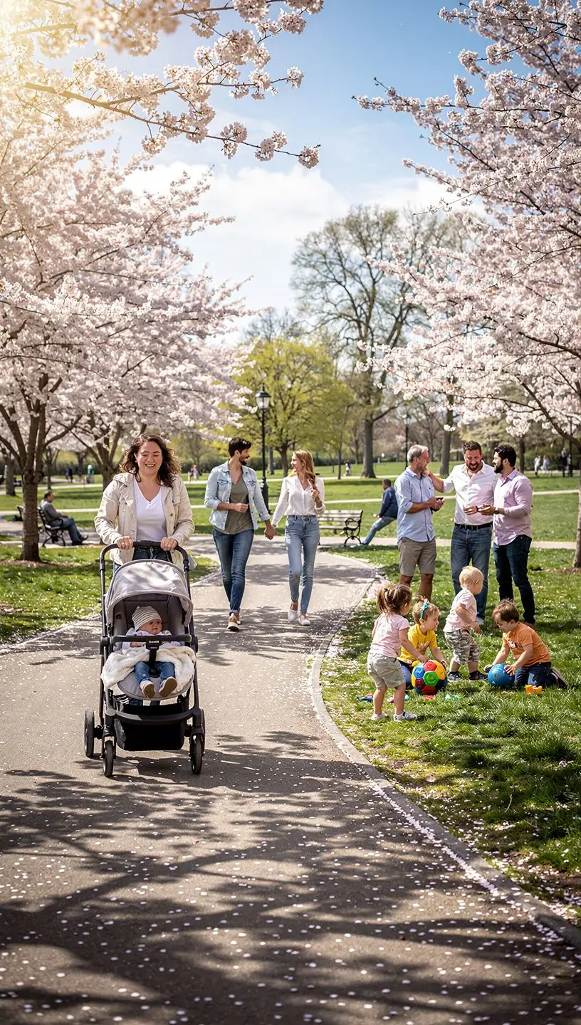 Kinderspielende Familien im Garten, mit Schulgebäuden im Hintergrund sichtbar.