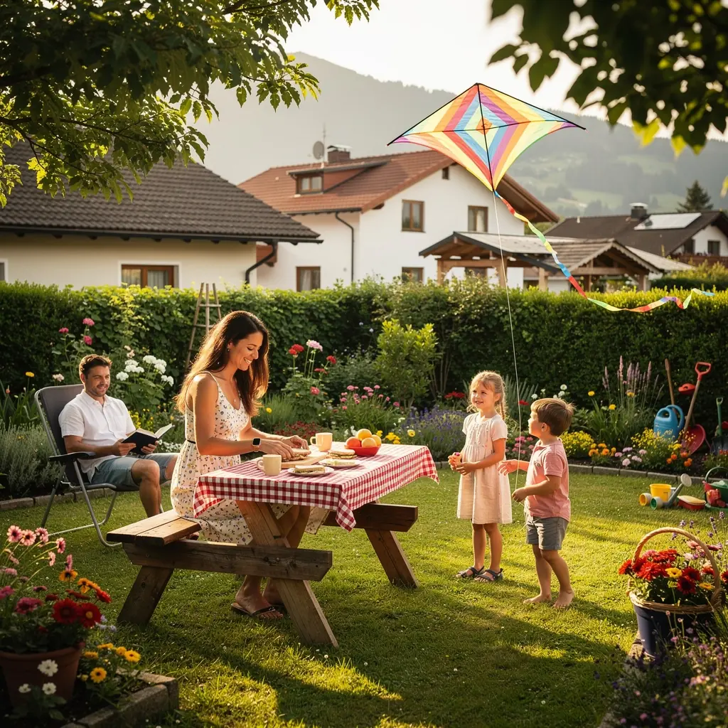 Familienhaus mit großem Garten und Spielplatz in einer ruhigen Wohngegend.