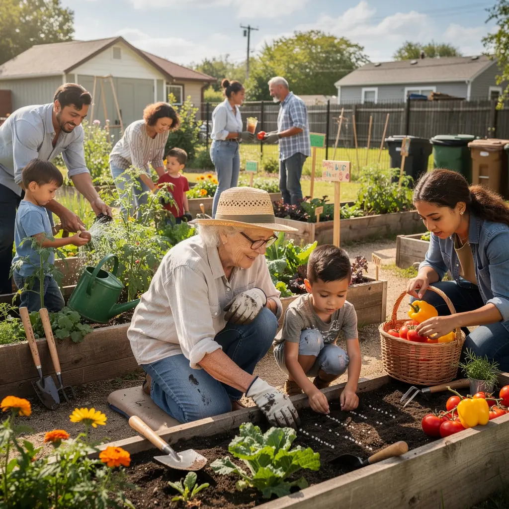 Eine Familie, die im Garten spielt, umgeben von blГјhenden Blumen und BГ¤umen.